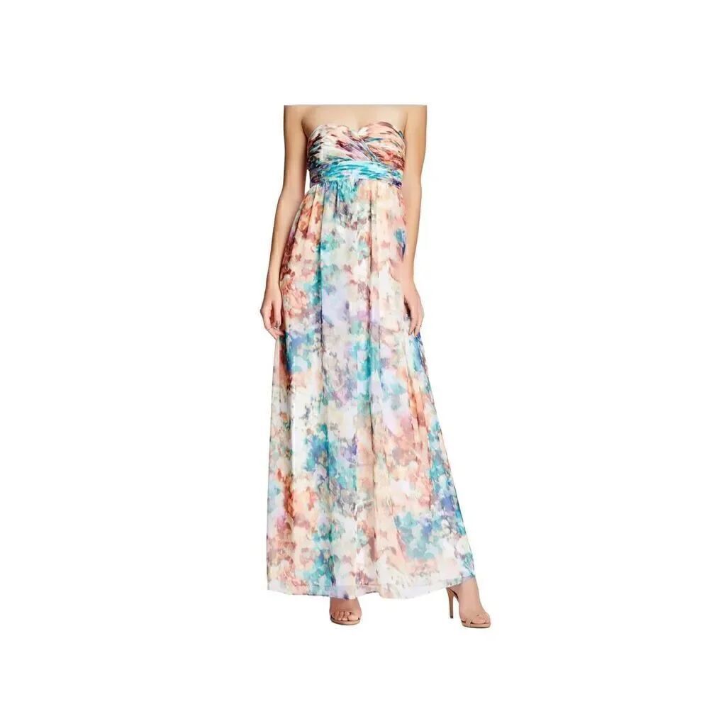 Aidan Mattox watercolor semi formal strapless chiffon full length dress size 2